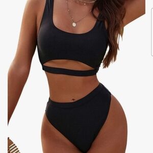 Black Bikini with High-Cut Legs and Plunging Neckline